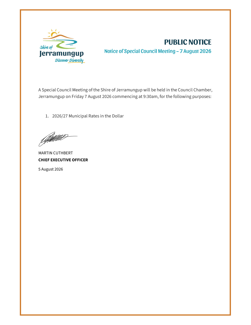 Public Notice - Notice of Special Council Meeting 7 August 2026