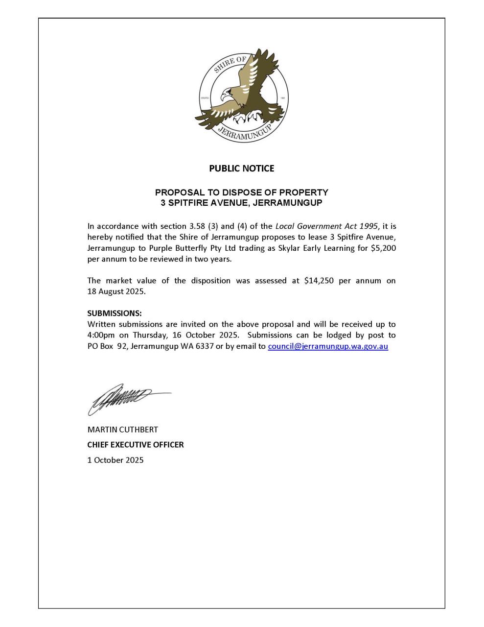 Proposal to Dispose of Property 3 Spitfire Avenue, Jerramungup