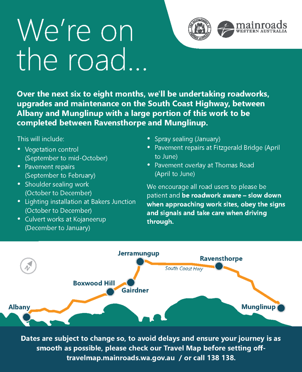 Upcoming roadworks on South Coast Highway - October 2021 to April 2022